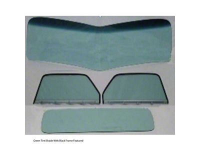 1947-1950 Chevy-GMC Truck Glass Kit-One Piece V-Bend Windshield, Standard Rear Glass And Assembled Door Glasses With Black Frames, Green Tint With Shade Band