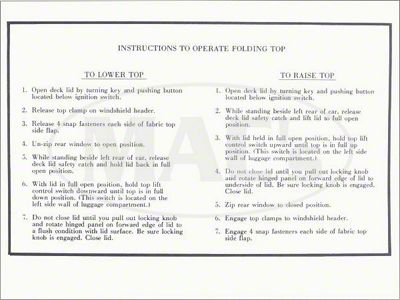 1959-1960 Ford Thunderbird Convertible Top LIft Instruction Sleeve