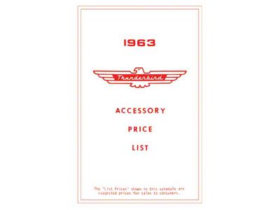 1963 Ford Thunderbird Accessory Price List, New Car