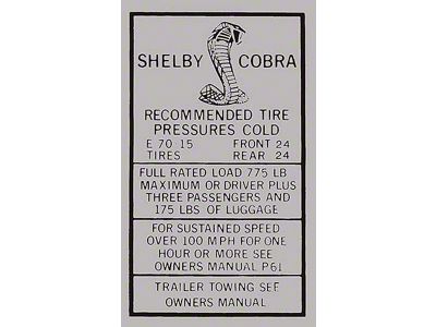 1967-1968 Mustang Shelby Glove Box Tire Pressure Decal for Regular Wheels