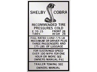 1967-1968 Mustang Shelby High Speed E70-15 Glove Box Tire Pressure Decal