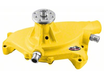 1967-1972 Chevrolet Camaro Platinum SuperCool Water Pump; 5.750 in. Hub Height; 5/8 in. Pilot; Short; 2 Threaded Water Ports; Aluminum Casting; Yellow Powdercoat w/Chrome Accents; 1495ACYELLOW