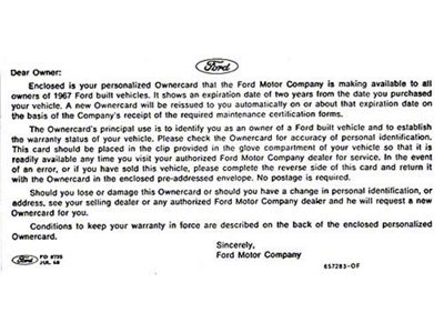 1967 Mustang Personalized Warranty Card Instruction Sheet