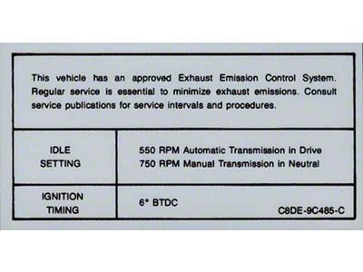 1968-1969 Mustang Emissions Decal, 302 2-Barrel V8 with Automatic or Manual Transmission