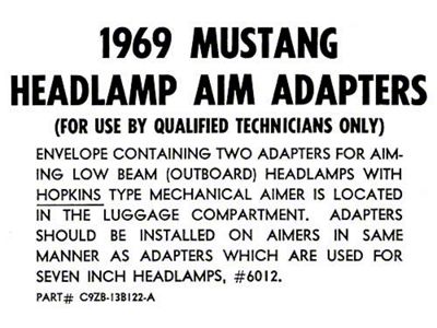 1969 Mustang Headlight Aiming Adapter Instruction Card