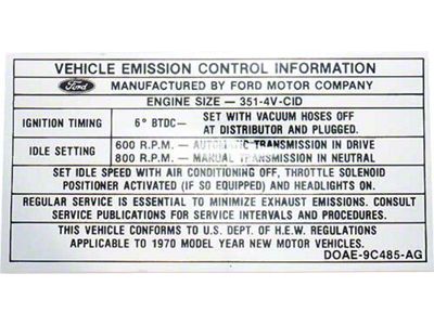 Scott Drake 1970 Mustang Emissions Decal, 351 4-Barrel V8 with Automatic or Manual Transmission