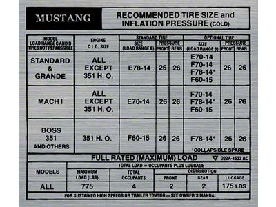 1973 Mustang Tire Pressure Decal