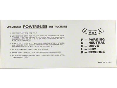 55-57 Sunvisor Instruction Sleeve Powerglide Transmission