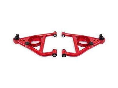 BMR Non-Adjustable Front Lower Control A-Arms; Delrin; Standard Ball Joint; Front Bump Stops; Red (67-69 Camaro)