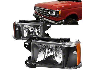 Factory Style Headlights with Amber Corners; Black Housing; Clear Lens (87-91 Bronco)