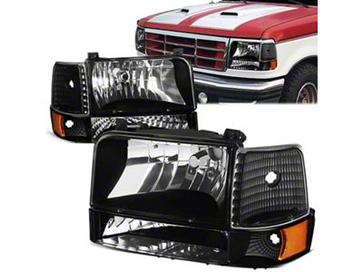 Factory Style Headlights with Amber Corners; Black Housing; Clear Lens (92-96 Bronco)