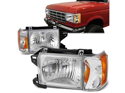 Factory Style Headlights with Amber Corners; Chrome Housing; Clear Lens (87-91 Bronco)