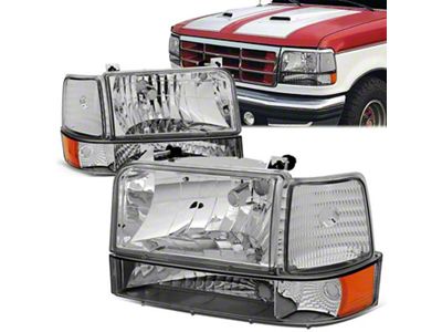 Factory Style Headlights with Amber Corners; Chrome Housing; Clear Lens (92-96 Bronco)