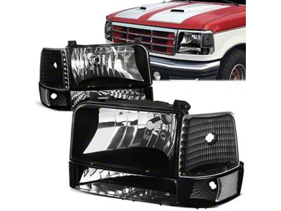 Factory Style Headlights with Clear Corners; Black Housing; Clear Lens (92-96 Bronco)