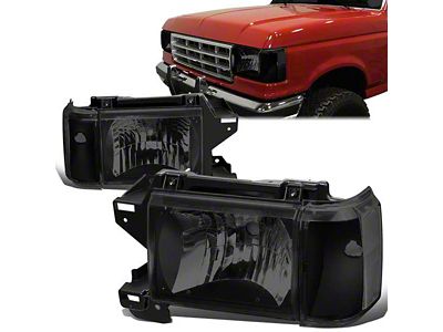 Factory Style Headlights with Clear Corners; Black Housing; Smoked Lens (87-91 Bronco)