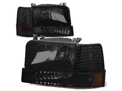 Factory Style Headlights with Clear Corners; Black Housing; Smoked Lens (92-96 Bronco)