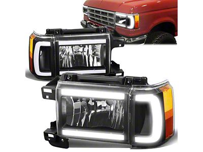 LED DRL Headlights with Amber Corners; Black Housing; Clear Lens (87-91 Bronco)