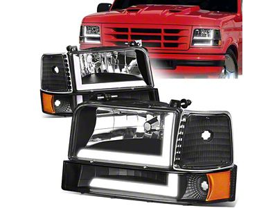 LED DRL Headlights with Amber Corners; Black Housing; Clear Lens (92-96 Bronco)