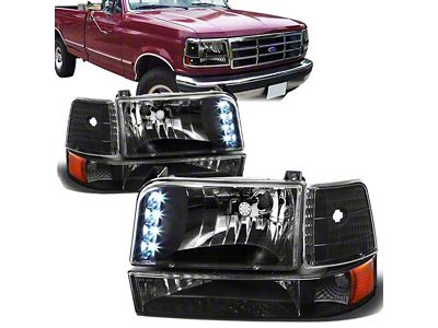 LED DRL Headlights with Amber Corners; Black Housing; Clear Lens (92-96 Bronco)