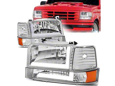 LED DRL Headlights with Amber Corners; Chrome Housing; Clear Lens (92-96 Bronco)