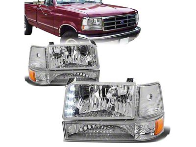 LED DRL Headlights with Amber Corners; Chrome Housing; Clear Lens (92-96 Bronco)