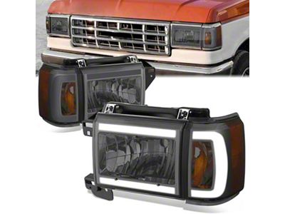 LED DRL Headlights with Amber Corners; Chrome Housing; Smoked Lens (87-91 Bronco)