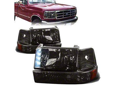 LED DRL Headlights with Amber Corners; Chrome Housing; Smoked Lens (92-96 Bronco)