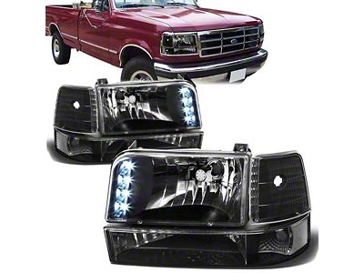 LED DRL Headlights with Clear Corners; Black Housing; Clear Lens (92-96 Bronco)