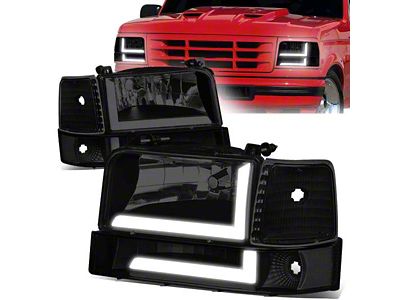 LED DRL Headlights with Clear Corners; Black Housing; Smoked Lens (92-96 Bronco)