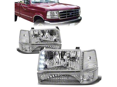 LED DRL Headlights with Clear Corners; Chrome Housing; Clear Lens (92-96 Bronco)