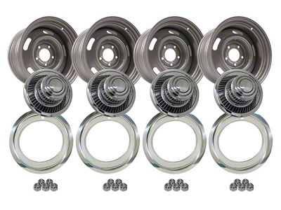 CA Rallye 4-Wheel Kit with Replacement Hubcaps and Stainless Steel Trim Rings; 15x8 (68-73 Chevelle)