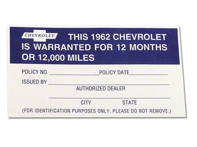 CA 12-Month /12000 Mile Warranty Decal (1962 Corvette C1)