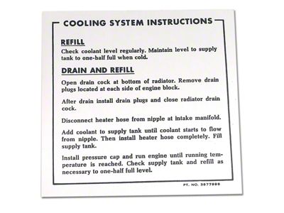 CA Coolant Instructions Decal (1965 396 V8 Corvette C2; 1967 427 L88 V8 Corvette C2)