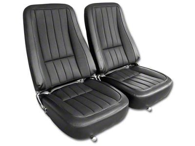 CA Driver Series Leather/Vinyl Complete Seats without Headrest Bracket; 1st Design; Black (1968 Corvette C3)