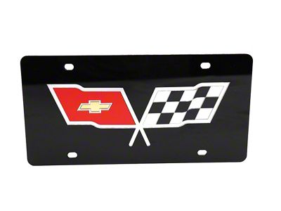 CA 1953-1982 Corvette Front License Plate. Black with Mirrored Cross Flags Logo