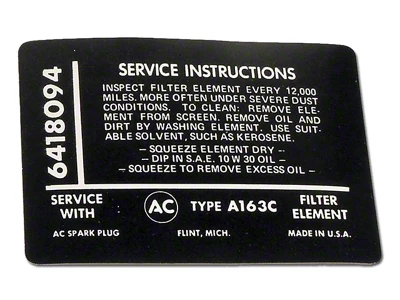 CA Fuel Injection Instruction Air Cleaner Decal (1965 Corvette C2)