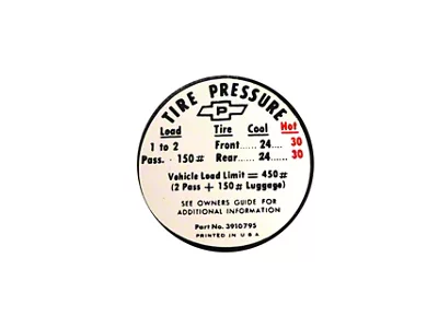 CA Glove Box Tire Pressure Decal (1967 Corvette C2)