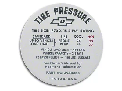 CA Glove Box Tire Pressure Decal (68-72 Corvette C3)