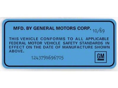 CA 1969-1972 Corvette GM Licensed Door Jamb VIN Data Decal - Blue - Sold Individually