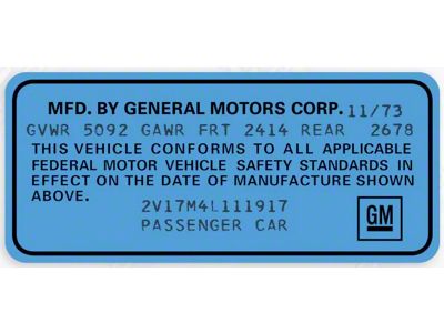 CA 1973-1974 Corvette GM Licensed Door Jamb VIN Data Decal - Blue - Sold Individually