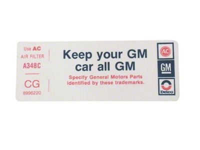 CA Keep Your GM Car All GM Air Cleaner Decal (1978 Corvette C3)