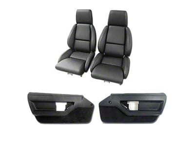 CA Leather/Vinyl Mounted Seats and Door Panel Interior Package; Black with Solid Inserts (86-88 Corvette C4 Convertible)