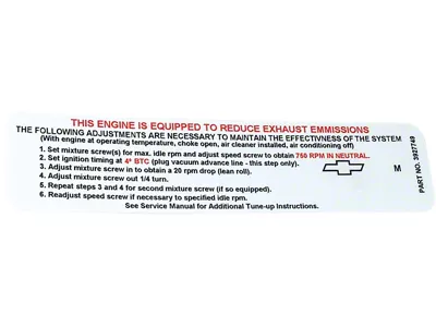 CA Manual 400/435 Horsepower Emission Label (1968 Corvette C3)