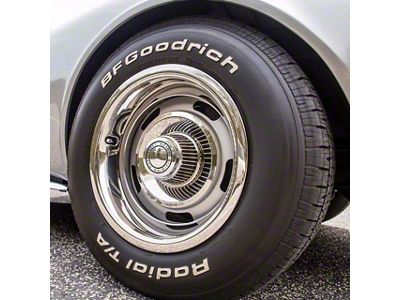 CA Rallye 4-Wheel Kit with Reproduction Hubcaps and Stainless Steel Trim Rings; 15x8 (68-79 Chevy II, Nova)