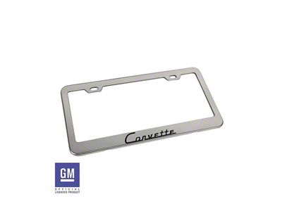 License Plate Frame with Black Corvette Script; Polished Stainless Steel (Universal; Some Adaptation May Be Required)