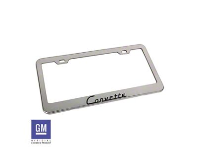 License Plate Frame with Carbon Fiber Corvette Script; Polished Stainless Steel (Universal; Some Adaptation May Be Required)