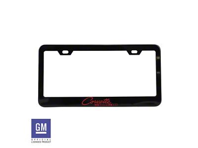 CA License Plate Frame with Red Corvette Sting Ray Script; Matte Black Stainless Steel (Universal; Some Adaptation May Be Required)