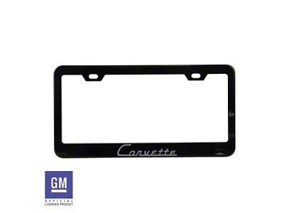 CA License Plate Frame with Silver Corvette Script; Matte Black Stainless Steel (Universal; Some Adaptation May Be Required)