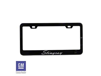 CA License Plate Frame with White Stingray Script; Matte Black Stainless Steel (Universal; Some Adaptation May Be Required)