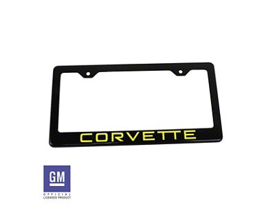 License Plate Frame with Yellow Corvette Script; Carbon Fiber (Universal; Some Adaptation May Be Required)